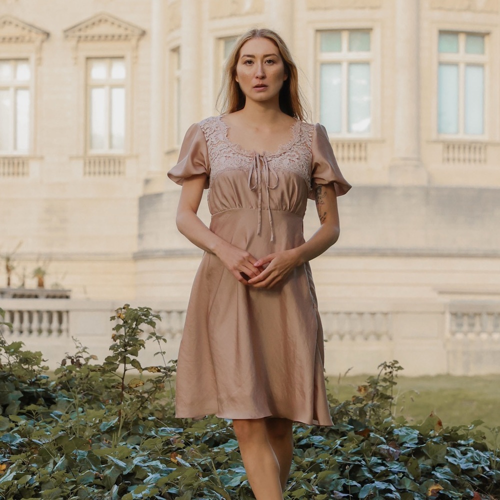 Alyssa Nicole Lace-Trimmed Satin Midi Dress